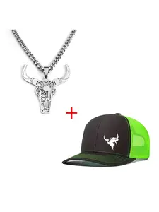 Unisex Bull Head Necklace & Baseball Cap Graphic Trucker Hat Set, Casual Fitted Design, All-Season Wear, Ideal for Men & Women, Perfect for Daily