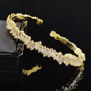 Sparkling Baguette CZ Open Cuff Bracelet for Women – Adjustable Gold Plated Tennis Bangle, Luxury Crystal Statement Bracelet, Wedding Party Jewelry Gift accessory Trendy high fashion jewelry quality shiny Stainless Steel Hip Hop christian christmas metal
