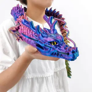 34-Inch 3D Printed Dragon Statue - Articulated Chinese Dragon with Movable Joints, Beard & Horns - Realistic Red Blue Gold Gradient Collectible Figurine for Home Display
