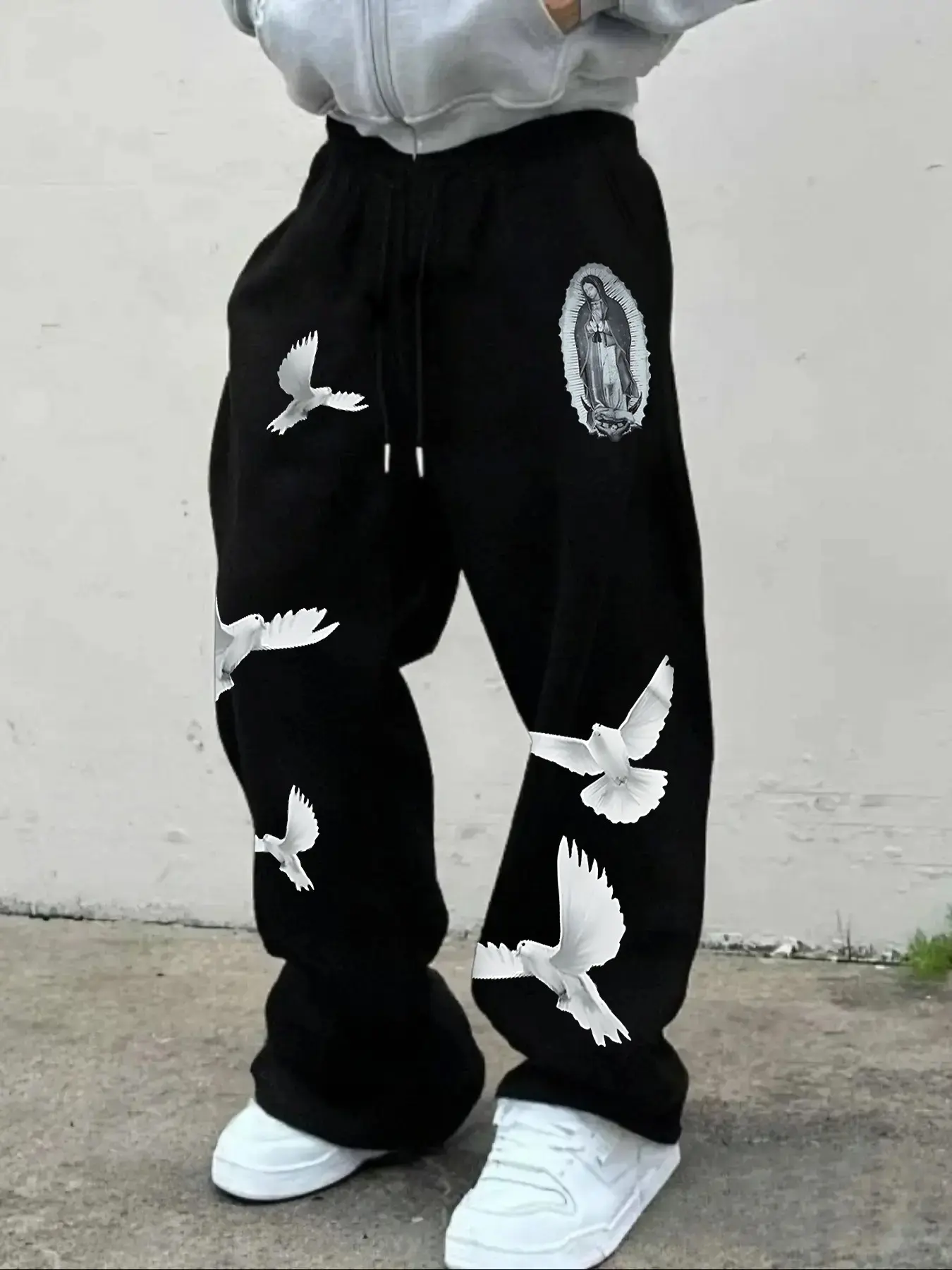 Men's Casual Comfy Sporty Long Pants, Tracksuit Bottoms, Virgin & Peace Dove Pattern Print, Drawstring Wide Leg, All Seasons Loose Fit, Men's Fashion, Loose Drawstring Sweatpants, Drawstring Waist Sweatpants