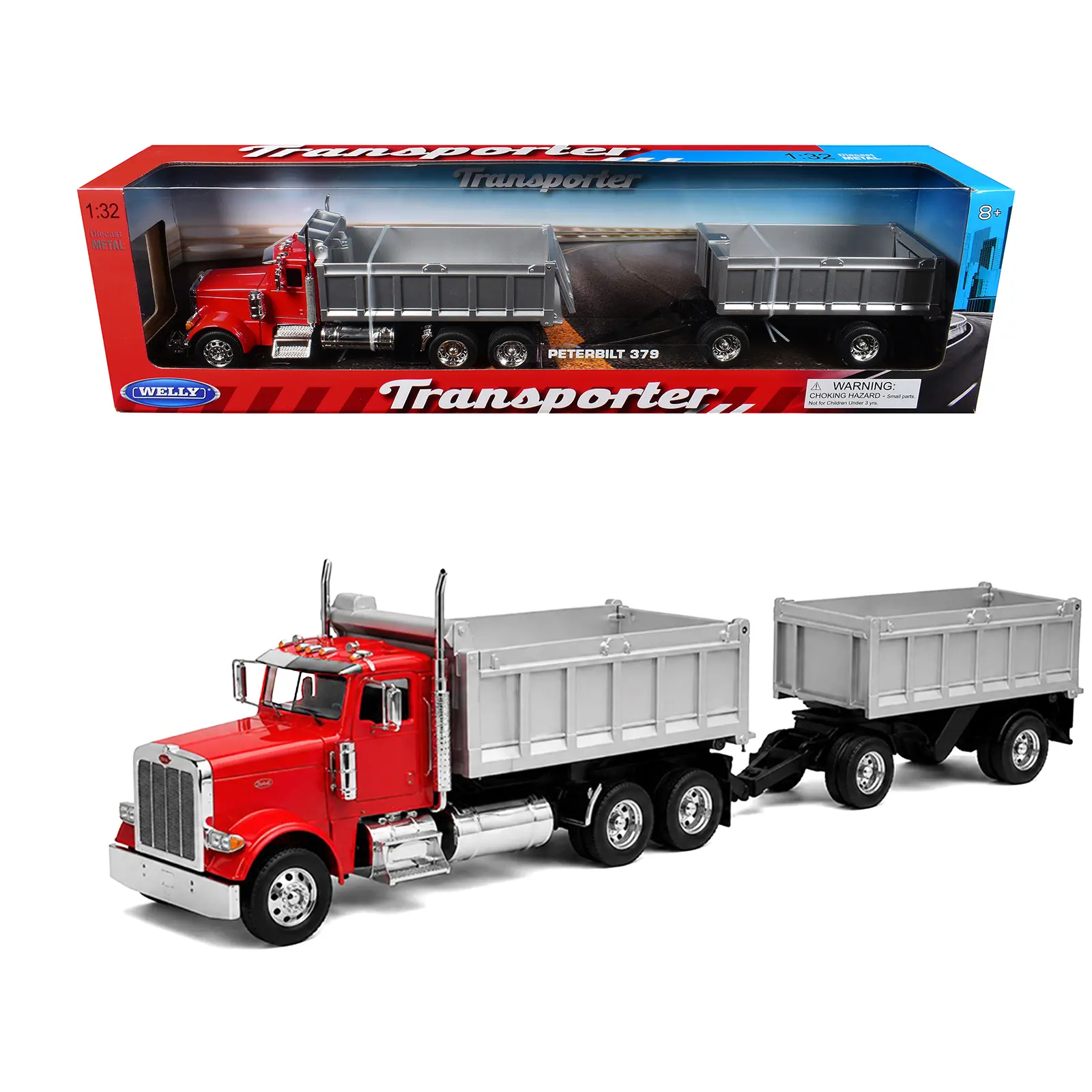 Peterbilt 379 Dump Truck Red with Gray Double Dump Trailer "Transporter" Series 1/32 Diecast Model by Welly