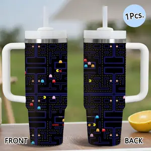 PIKPAKA Cartoon Game Pac-Man Vacuum Flasks 40oz Stainless Steel Tumbler with Handle & Straw, Reusable Vacuum Insulated Travel Mug Keeps Drinks Cold Up to 12 Hours, Leak-Resistant Cup for Iced Coffee, Water, Office, Gym or Travel