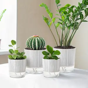 3 self watering flower pots 10.16/13.97/15.75 cm Planter Pots - Indoor intelligent flower pot with wick system, suitable for African violet/orchid (modern black striped low maintenance)