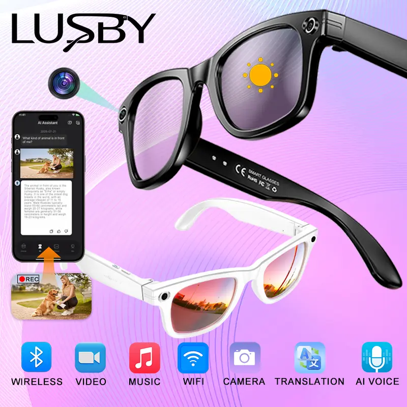 LUSBY Classic Round Unisex Wearable Smart Glasses with Camera - 8MP 1080p HD Photo/Video Capture, Bluetooth Wireless AI Half-Frame, Auto Color-Changing Interchangeable Lenses, Lightweight for Travel Recording/Voice Calls (Black Friday & Cyber Monday Deal)