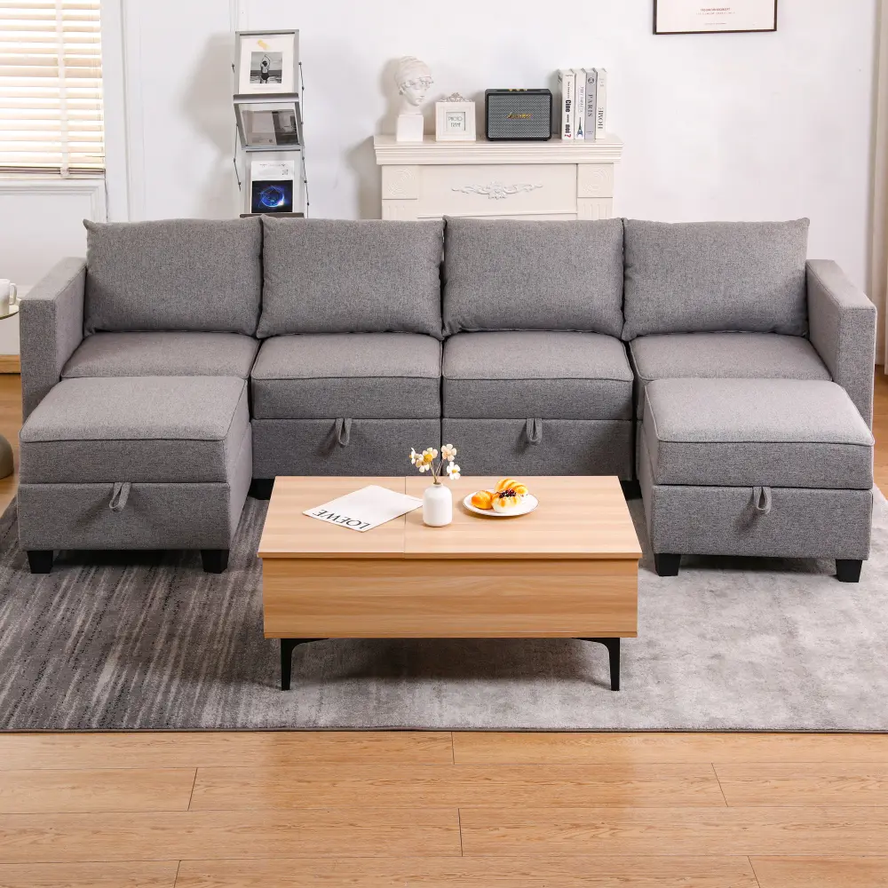Modular U-Shaped Form Sectional Sofa Set - 4-Seat Burlap Upholstered Living Room Furniture Couch with Reversible Chaise, Storage Seats