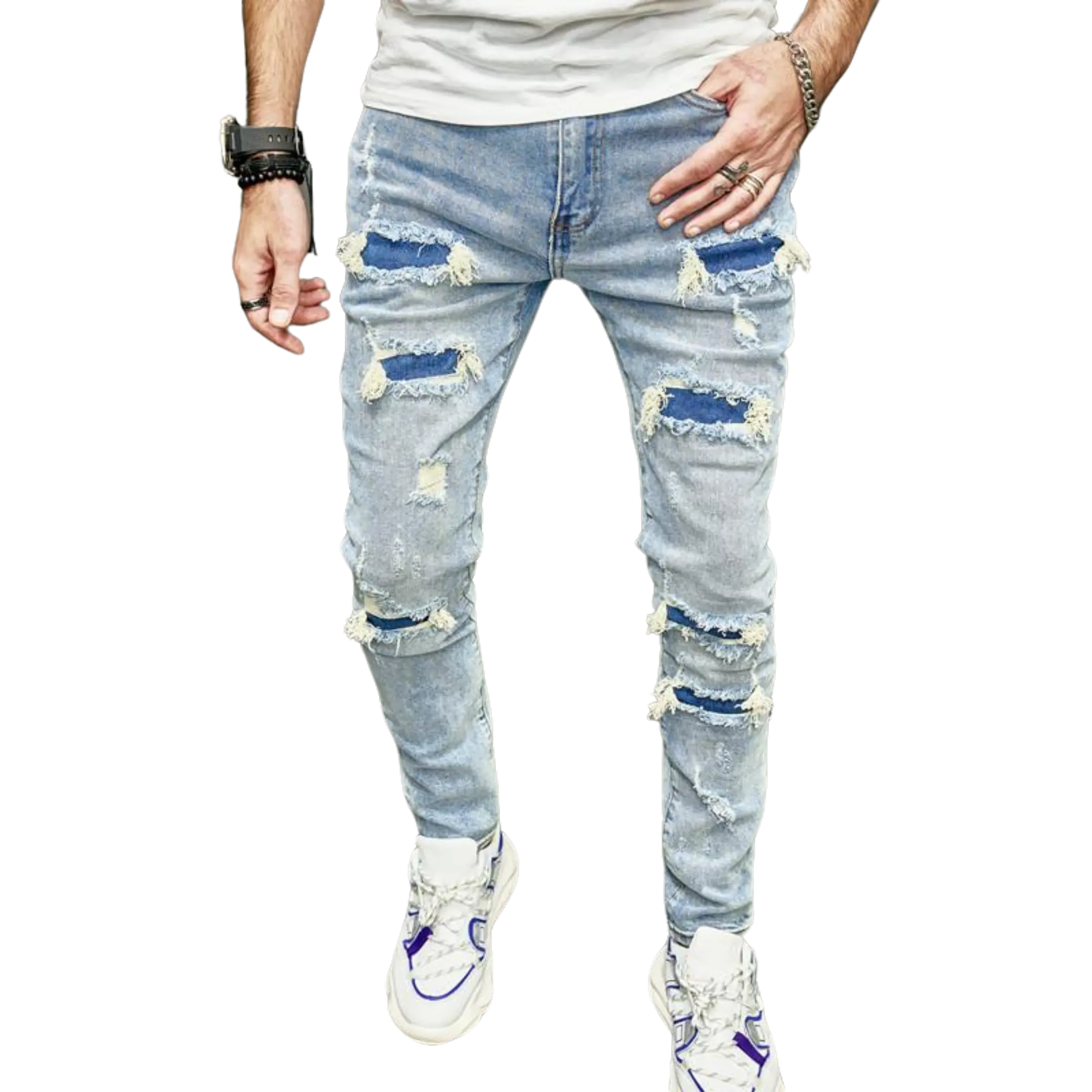 Men's Blue Ripped Patch Stone Wash Cigarette Jeans - Menswear Streetwear Denim Trousers, Simple Design, Pocket, Complementary Hoodie & Tee Options for Spring Casual, Back to School College, Stylish