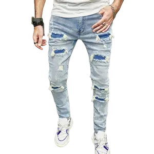 Men's Blue Ripped Patch Stone Wash Cigarette Jeans,  Streetwear Fashion Denim Trousers for Spring Casual Outfits Back to School College