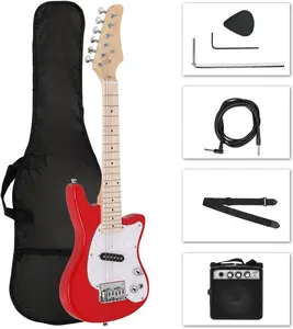 Glarry 30" Electric Guitar Kids Guitar Beginner Electric Guitar Kit with 5-watt Amp, Portable Bag, Adjustable Shoulder Strap, Plectrum, Power Wire and Wrench Tool, Red