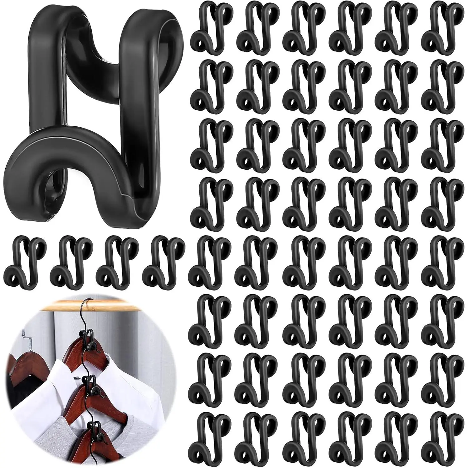 100 count Black Plastic Heavy Duty Clothes Hanger Connector Hooks, Space Saving, Cascading