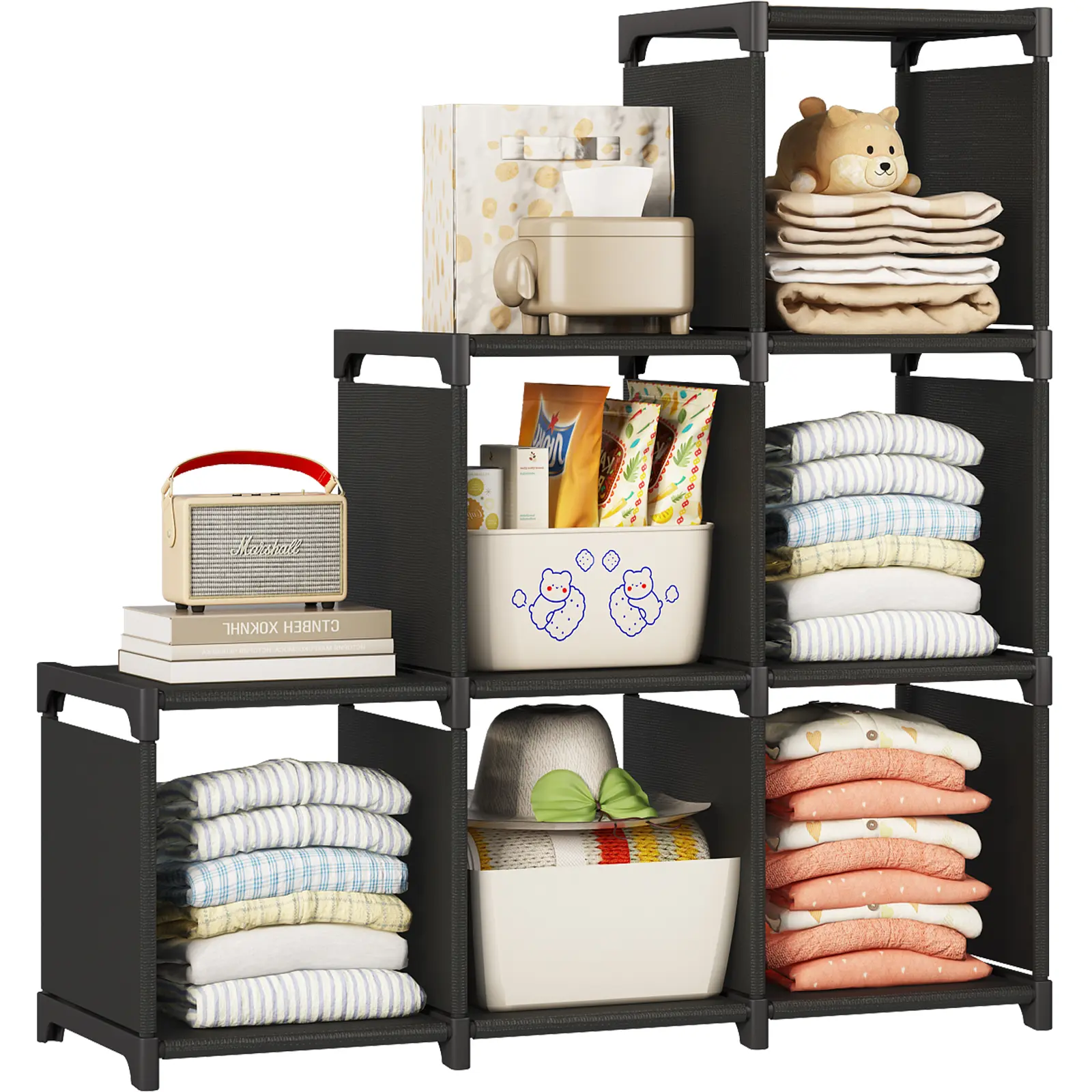 SUOERNUO 6 Cube Closet Organizer - Lightweight Plastic Cabinet with Adjustable Storage Rack, Metal Frame Bedroom Storage Unit for Living Room & Office Home Organizer