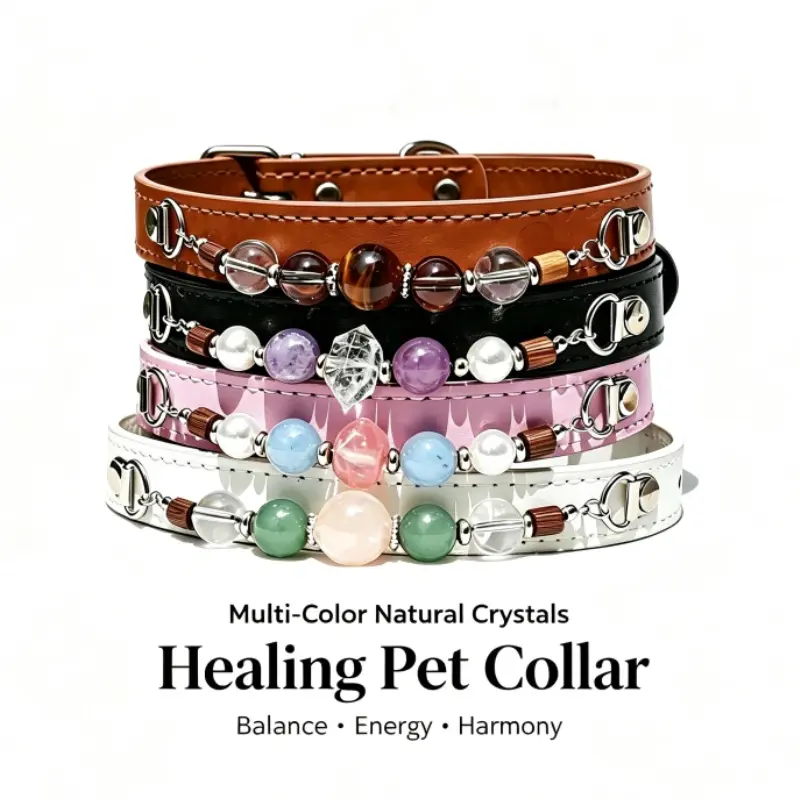 Healing Crystal Pet Collar, Natural Stone for Calm & Protection, Adjustable Dog Cat
