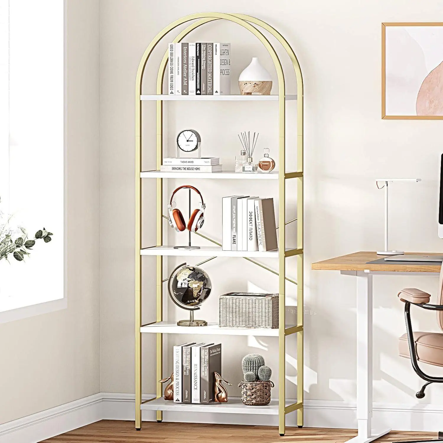 5-Tier MDF Board & Metal Frame Bookshelf, Curved Top, Adjustable Shelves, Anti-Tip Set, Stable Tall Elegant Bookcase for Living Room, Adjustable Feet, Anti-Tipping