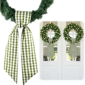 2 Pack Green White Plaid Wreath Sash for Front Door Decoration, Blank Sashes for Spring St Patrick Wedding Holiday Party Bow Ribbon Bundle Indoor Outdoor Farmhouse