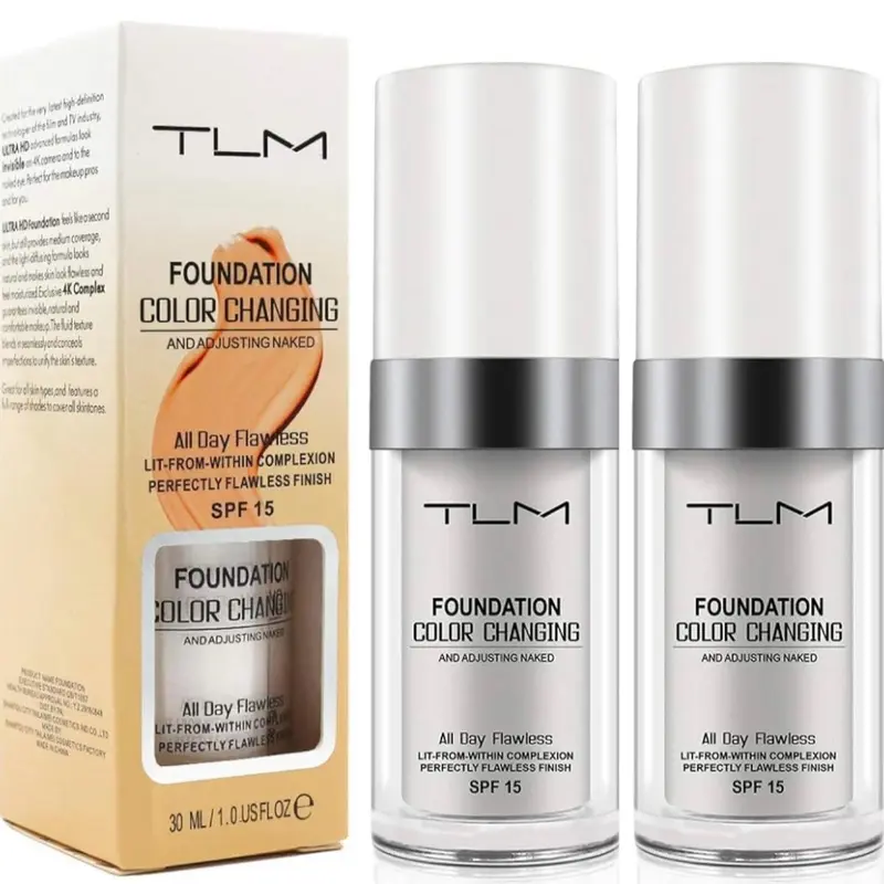 2x TLM Colour-Changing SPF Foundation Bottles, High Coverage Cosmetics Liquid Makeup Base, Seamless Tinted Concealer with Flawless Finish & Colour-Changing Effect for Fair-Medium Skin Tones, Bottle