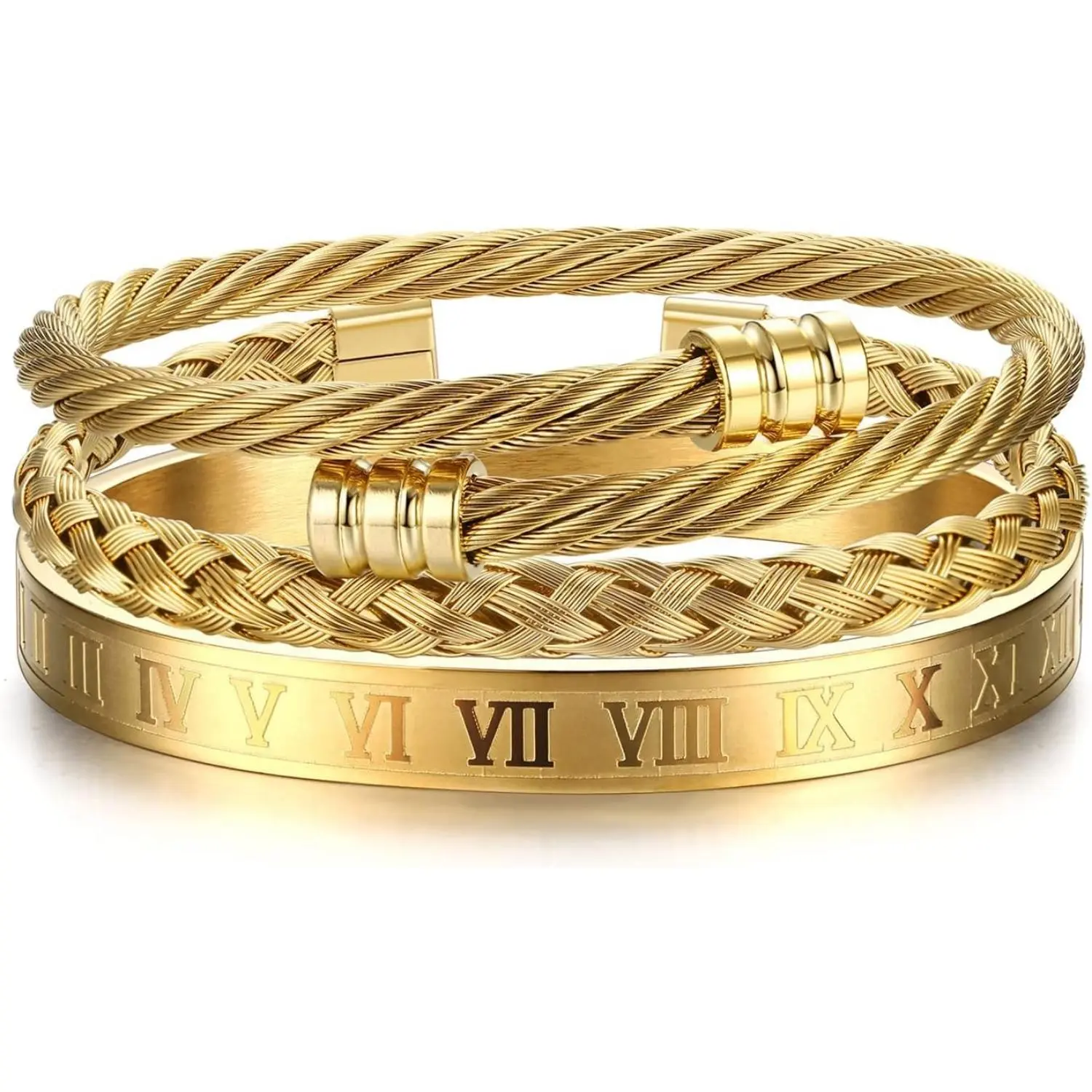 CASSIECA Men's 3pcs Adjustable Bangles Bracelets Set - Stainless Steel Elegant Minimalist Bangle, Exquisite Twisted Cable Cuff Bracelet, Roman Numeral Luxury Jewelry Accessory, Exquisite Bracelet