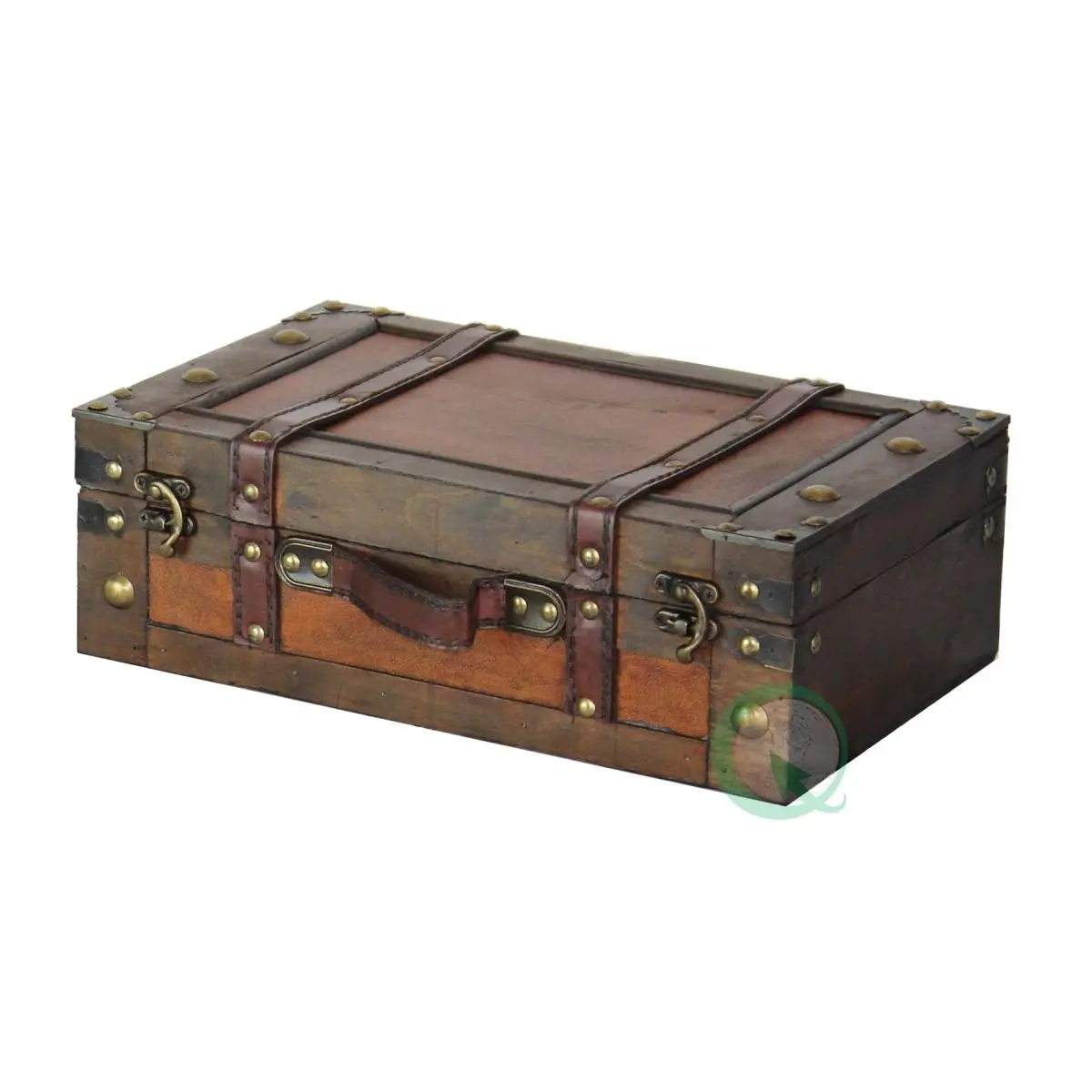 Vintiquewise Retro Wooden Luggage Trunk - Leather Antique Carry-On Storage Box with Hinged Lid, Metal Accents, Photo Prop, Decorative Wedding Ornament, Family Room Organizer, Props