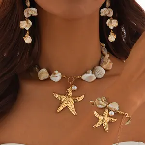 Vacation wind summer starfish shell piece necklace female, beach conch pearl necklace