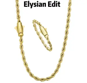 Solid 14K Yellow Gold Finish Rope Necklace & Bracelet Set - Heavy Duty 5mm Twisted Link Chain - Hypoallergenic Daily Wear Jewelry