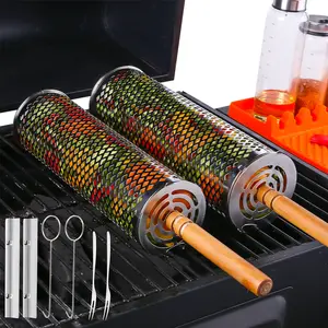 2Pcs Rolling Grill Baskets 304 Stainless Steel with Removable Wooden Handle, Rolling Grilling Net for Vegetables, Shrimp, Fish, BBQ Accessories for Outdoor Cooking, Camping, Birthday Gifts for Men, Dad, Husband