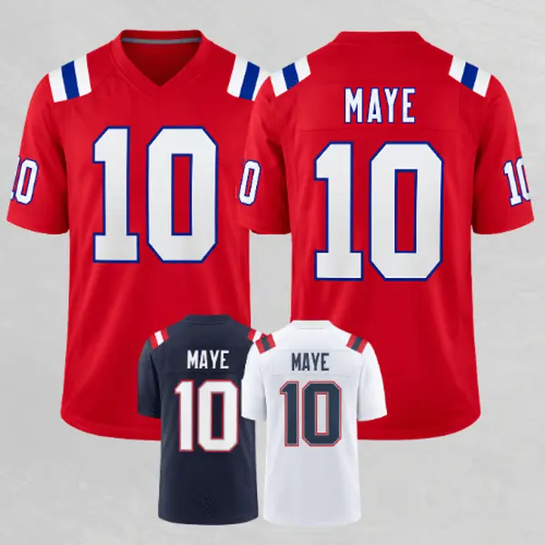 Full Print Red/White Maye #10 Football Jersey, Men’s Breathable Short Sleeve V Neck Athletic Wear, Classic Retro Game Day Style, Football Fan Merchandise, Player Number Graphic Print, Cool Gift for Fans