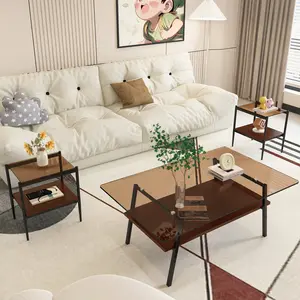 Coffee Table and End tables Set of 3, Tempered Glass Table with MDF layer, Modern Tables for Living Room , Brown Glass (3 pcs set)