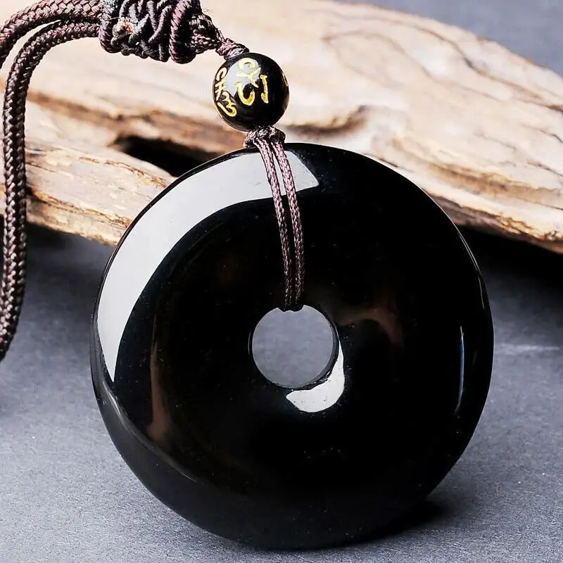 Pendant Necklace with Natural Black Obsidian Donut, 35mm Casual Auspicious Amulet for Adults, Adjustable Cord for Protection & Luck, Natural Stone, Donut Pendant, Unisex, Daily, Donut Amulet