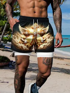 Men's 2-In-1 Dual Layer Gym Shorts, Elegant Cross Angel Dove Print, Anti-Sheer Lining, Quick-Dry Beach Pants, Casual Fitted Style