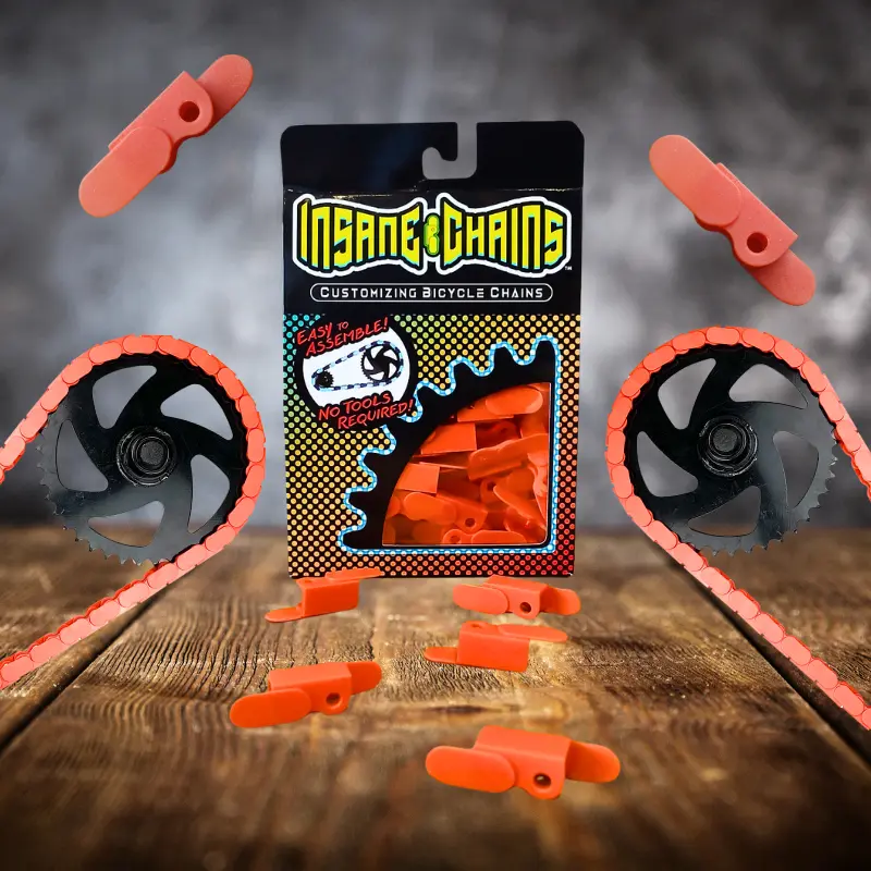 Fixed-Gear BMX Bike Chains with Insane Chains Orange Caps - Tool-Free Installation, Energetic Color, Grease-Free, Universal Fit for Single-Speed BMX Bikes, Bold Look Accessories for All Ages