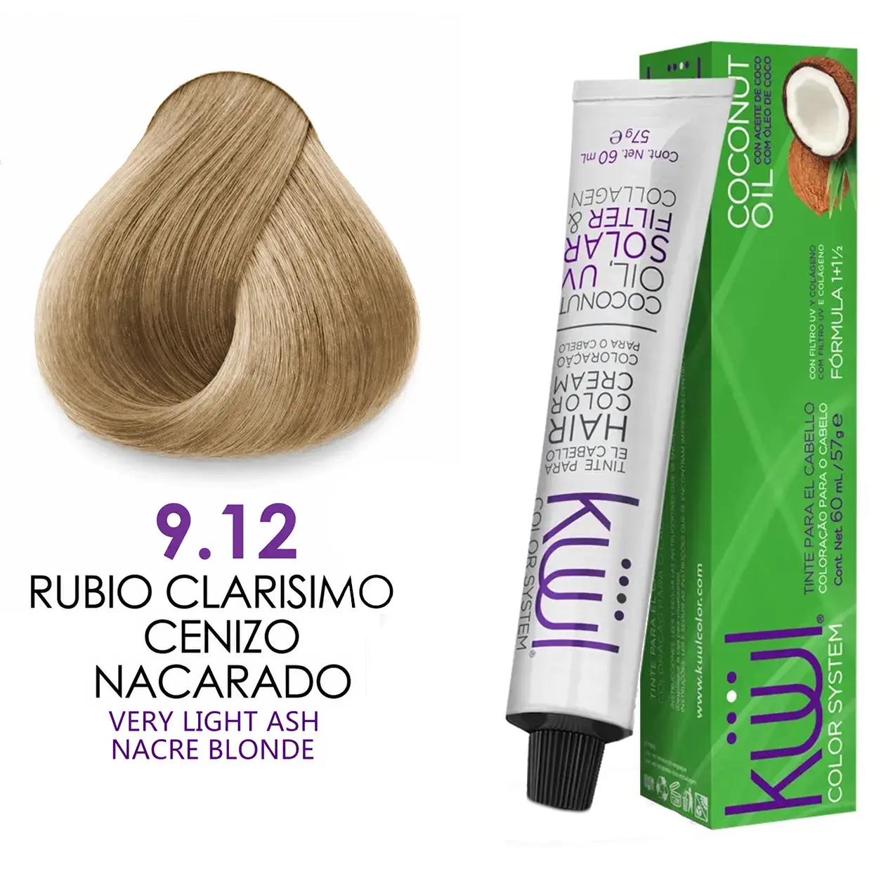 Kuul Color System [ 9.12 ] Rubio Clarisimo Cenizo Nacarado | Very Light Ash Nacre Blonde | Tinte Para El Cabello | Permanent Hair Dye | 3.04 fl oz / 90 ml