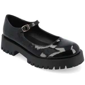 Journee Collection Women's Medium and Wide Width Kamie Mary Jane Round Toe Buckle Flats, Patent/Black 6.5W