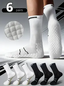 6 Pairs Men's Black White Basic Terry Bottom Crew Socks , Odor Resistant Moisture Wicking Breathable Durable Running Basketball Marathon Fitness Daily Athletic Socks