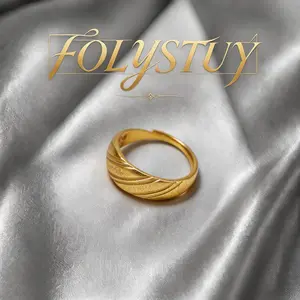 [FOLYSTUY(MEIXIRING)]Textured Wave Pattern Adjustable Gold Tone Ring Minimalist Stackable Fashion Jewelry Gift for Women Daily Wear