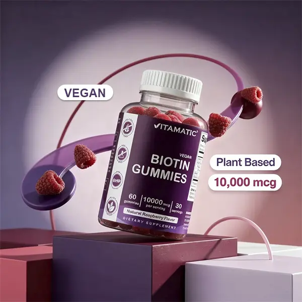 Vitamatic Biotin Vitamin Gummies - 10,000 mcg, 60 Pcs Vegan Raspberry Flavor, Natural Supplement for Skin Care & Eye Care