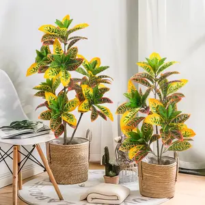 Artificial Croton Plant Faux fig Tree, Colorful Artificial Trees for Home Decor, Ficus Lyrata Tree with Plastic Pot, Silk Plants for Home Decor Indoor