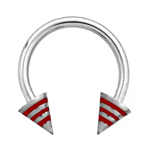 16 Gauge Externally Threaded 316L Surgical Steel Septum Horseshoe Ring With Red Stripe Spikes