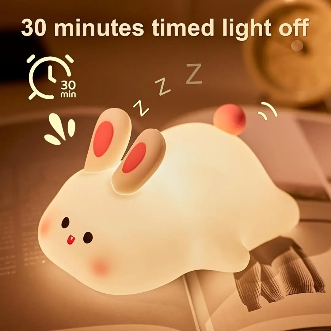 Big Face Rabbit Silicone Smart Patting Night Light - USB Rechargeable, 3-Level Brightness, Soft Light, 30-Minute Sleep Companion, Room Desktop Decoration, Stress Relief Toy Gift for Classmates