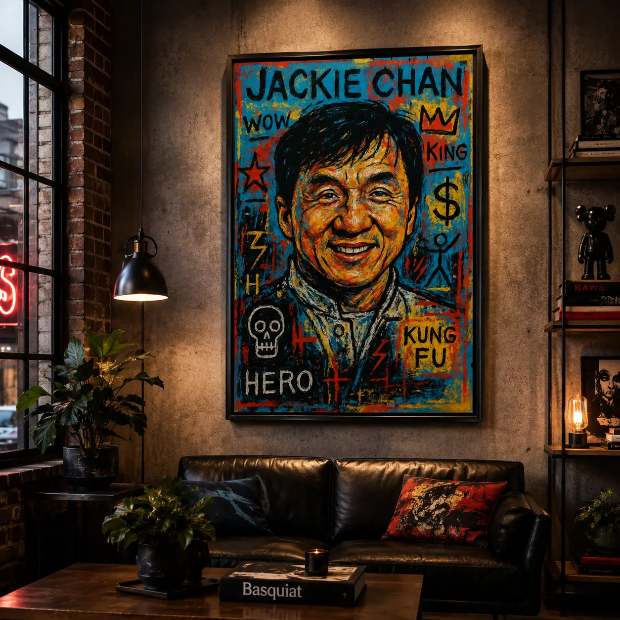 Jackie Chan Pop Graffiti Framed Canvas Wall Art, Vintage Kung Fu Movie Star Poster, Colorful Street Art Print, Man Cave Gym Bedroom Decor, Martial Arts Film Fan Hero Wall Hanging Gift