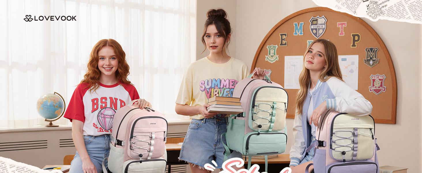 LOVEVOOK School Backpack for Teen Girls, Unique Style College Student Backpacks with Large Cup Holder, Cute Kid Bookbag with Pens Compartment, Large Capacity Back to School Backpack Fit 15.6'' Laptop
