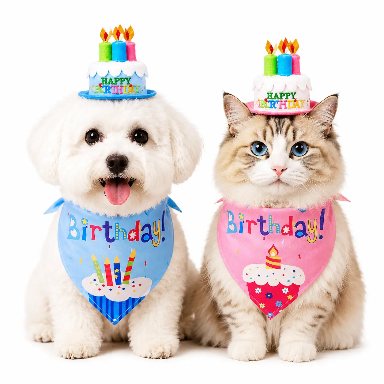 2-in-1 Breathable Polyester Fabric Dog & Cat Birthday Party Kit - Adjustable Bandana, Hat, Fade-Resistant Print, Small-Large Fit, Pet Clothing & Hair Accessories for Cake Photos, Family Celebrations