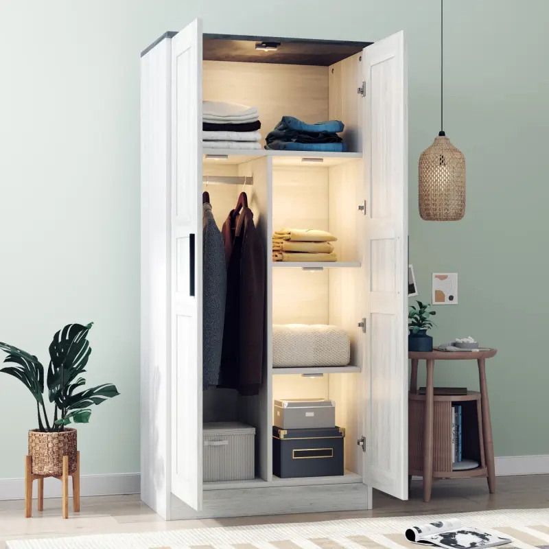2-Door Wooden Wardrobe Armoire with LED and 4 Storage Shelves Grey