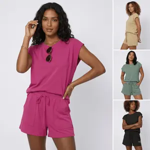 Women's 2 Piece Lounge Set Casual Short Sleeve Tee & Drawstring Shorts with Pockets Matching Outfit Summer Comfortable Solid Color Sweatsuit Relaxed Fit Co-ord Everyday Wear Activewear Workout Travel Pajamas Sleepwear Loungewear Two Piece Suit Ladies