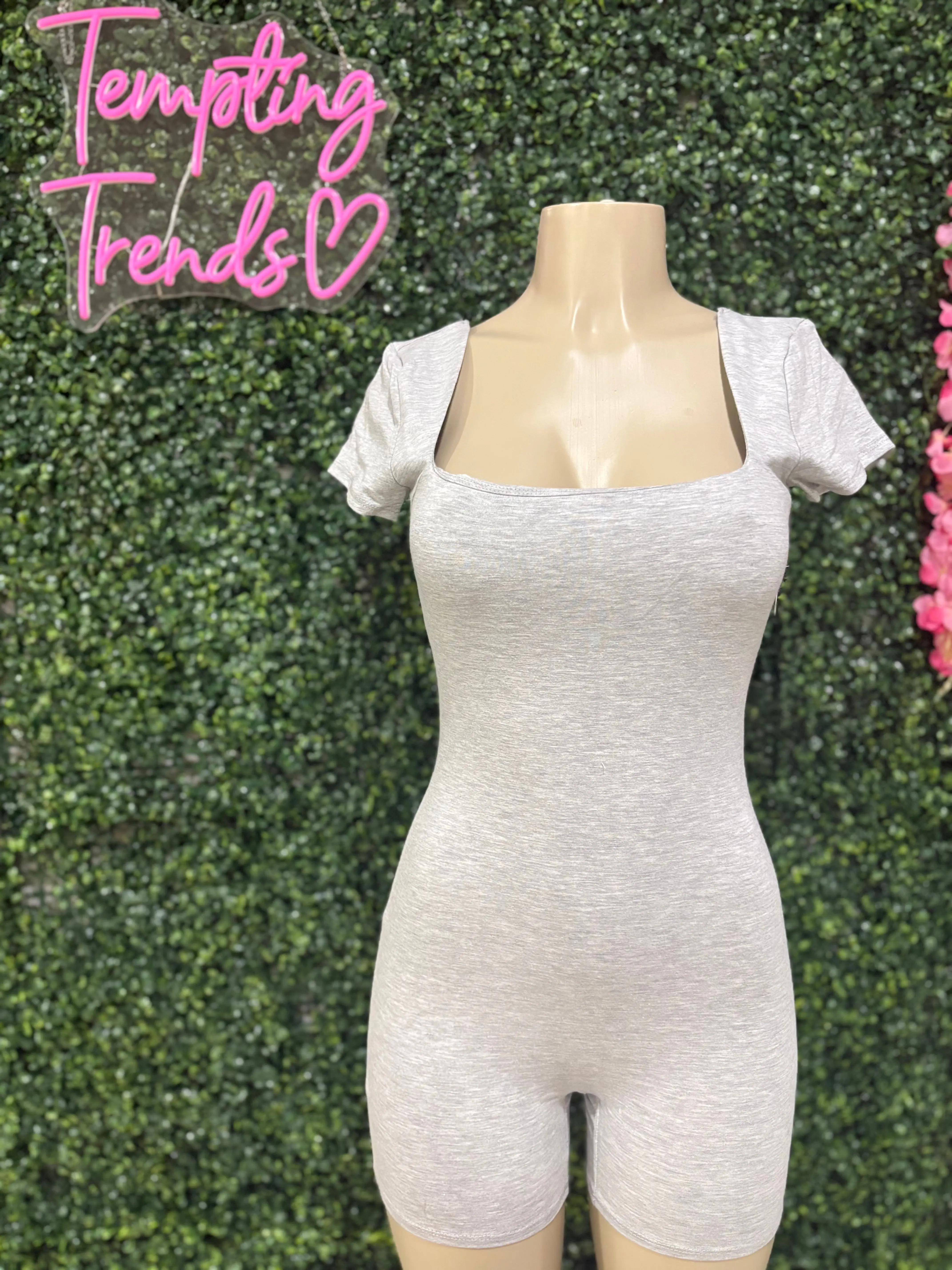DOUBLE SCOOP SHIRRED BACK BIKER SHORT CATSUIT
