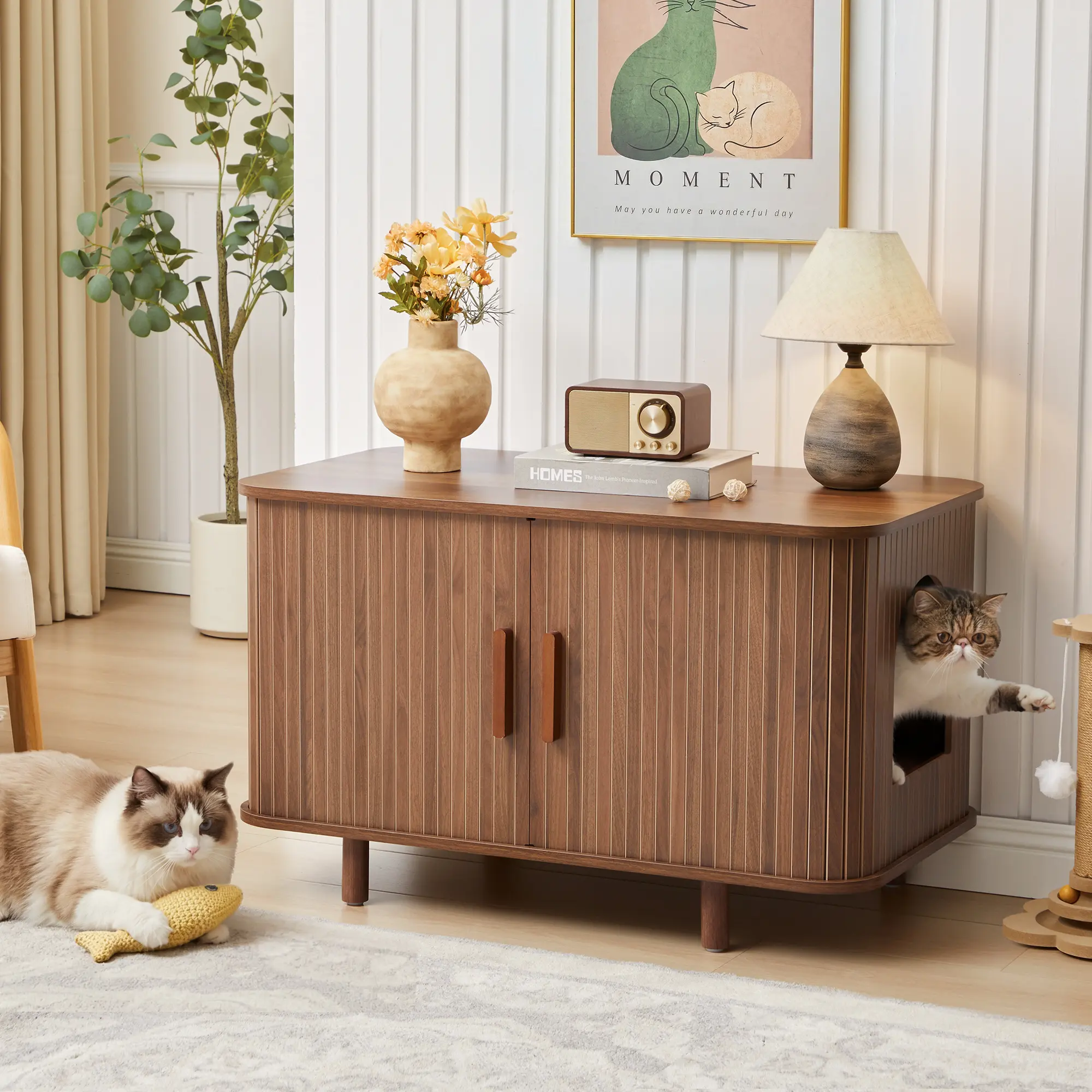 Giratree 35.4 inches Modern Cat Litter Box Enclosure Furniture, Wooden Hidden Cabinet with Sliding Tambour Door, Reduces Visible Clutter for Living Room, Bedroom