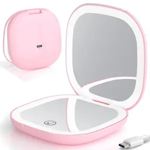 LED Compact Makeup Mirror, 4 Inches 1X/10X Magnification Travel Mirror with Light Dimmable Double Sides Lighted USB Rechargeable Compact Mirror, Travel Essentials Magnifying Portable Pocket Mirror