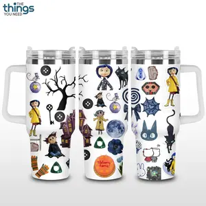 White Coraline 20oz - 40oz Insulated Stainless Steel Travel Tumbler with Handle and Straw, Double Wall Thermal Drink Cup, Coraline Animated Movie Inspired Cartoon Design, Reusable Leakproof Mug, Gift for Fantasy Movie Lovers