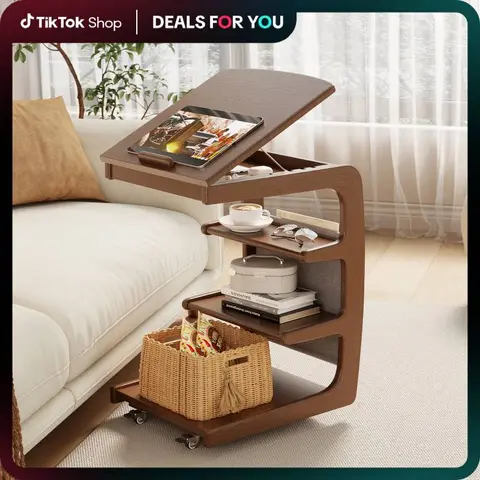 【HOT】100% Solid Wood Modern C-Shaped Side Table with Casters - Adjustable, Sofa-Side Ready, Assembly Required, Wooden Style Minimal Aesthetic Living Room Furniture, Stylish Bedroom Bedside Table