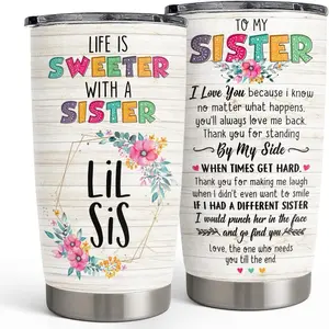 Funny Sister Gift 20oz Tumbler, "Punch Her in the Face" Joke Quote Cup for Lil Sis, Meaningful Birthday Present for Bestie, Travel Mug