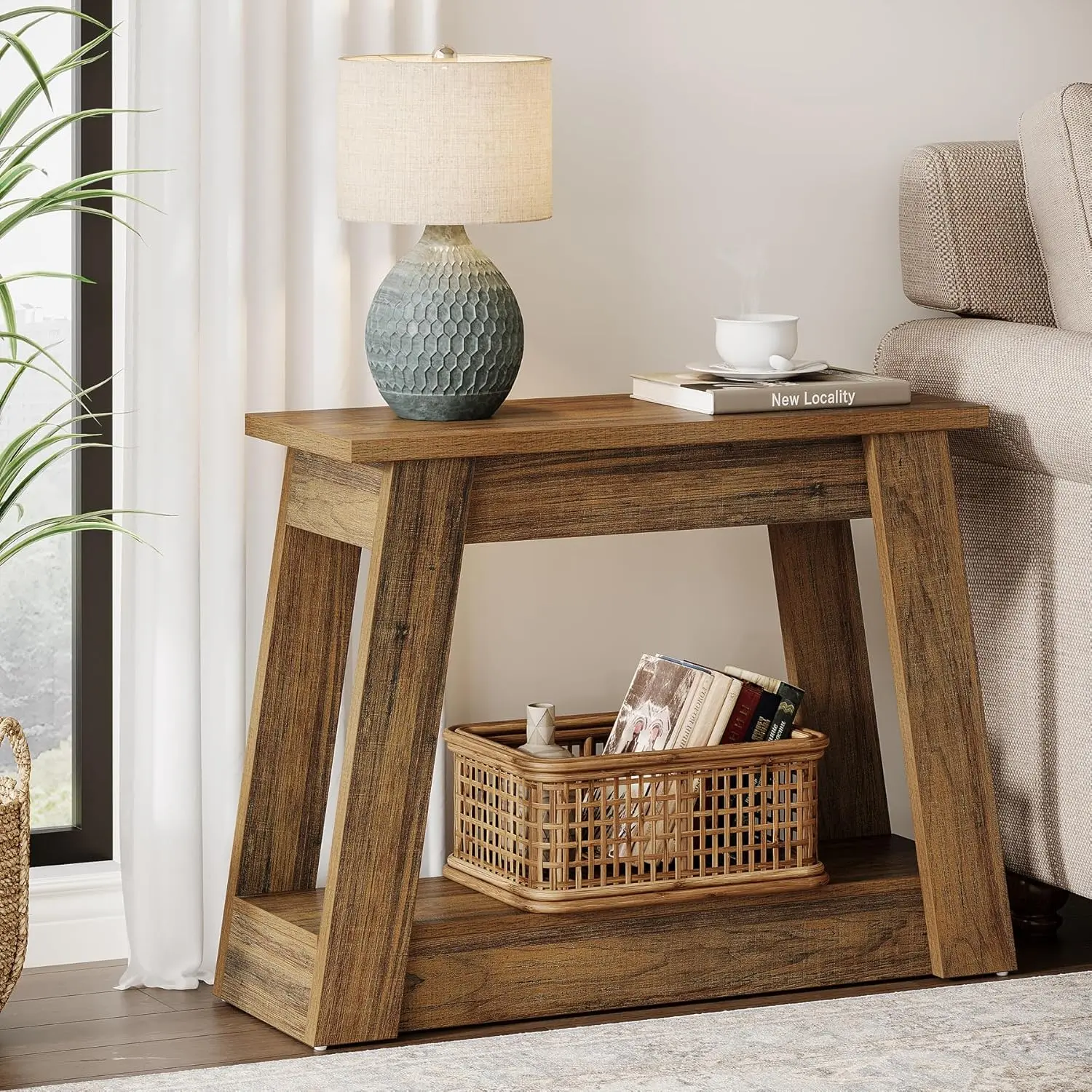LITTLE TREE Wood End Table, Small Side Table with 2 Storage Shelves, Rustic Accent Narrow Nightstand for Living Room, Bedroom