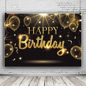 Black Gold Birthday Backdrop – Happy Birthday Banner with Balloons & Stars Party Decor