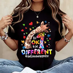 Giraffe With Puzzle Pieces And Hearts Print Ok To Be Different Autism Awareness T Shirt Casual Loose Fit Women's Top For Everyday Wear And Special Occasions
